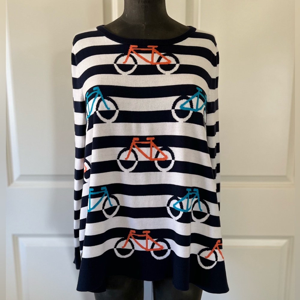 Navy & White Striped Cotton Sweater with Bicycle Print